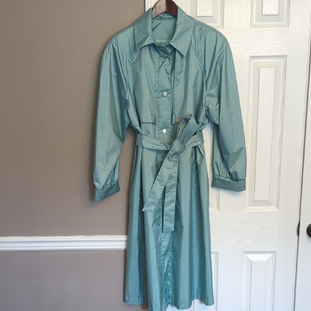 Vintage Women's Metallic Light Teal Trench Coat with Tie Waist Belt